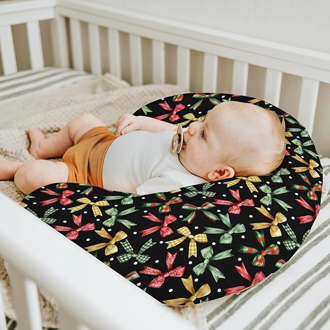 Christmas Bows Baby Nursing Pillow Covers for Boy Girl Winter Bows Plaids Nursing Pillow Slipcovers for Breastfeeding Pillows Girly Christmas Ribbons Soft Stretchy Removable Covers for Newborn Infant