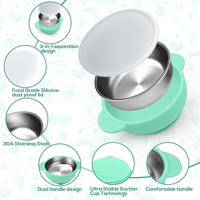 Mity rain Stainless Steel & Silicone Toddler Plates and Bowls Set with Suction,5-Piece Suction Plates & Bowls for Toddler,Removable Shell,Silicones Baby Plates for Independent Eating(Light Green)
