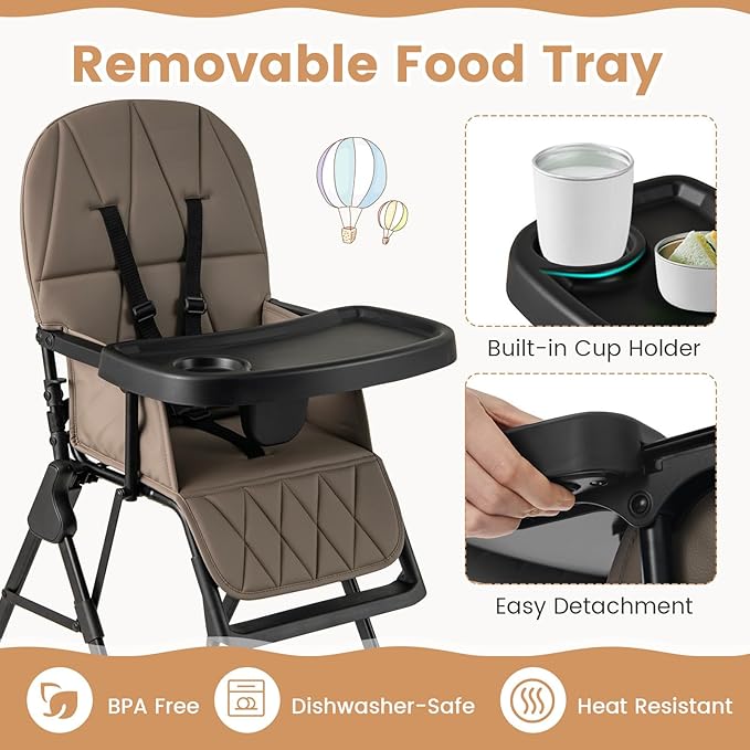 HONEY JOY High Chair, Foldable Baby Feeding Chair, Adjustable Tray & Footrest, Removable Easy-to-Clean PU Seat Cushion, 5-Point Harness, Cup Holder, Highchairs for Babies and Toddlers (Coffee)