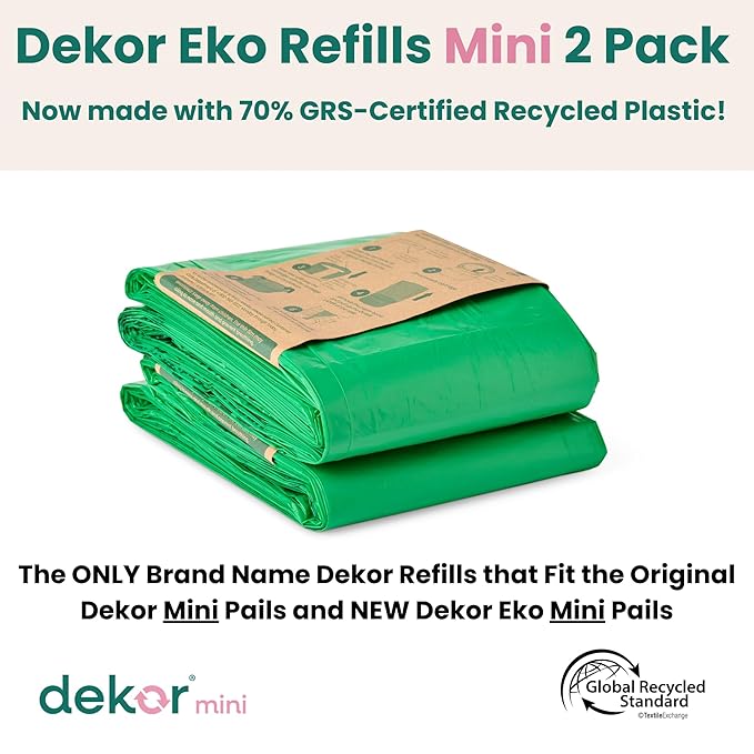 Diaper Dekor MINI Refills, 2 Count ONLY Eco-Friendly Diaper Pail Refills Made With 70% Recycled Materials Quicker, Easier & More Cost Effective than Trash Bags Unscented (Pack of 12)