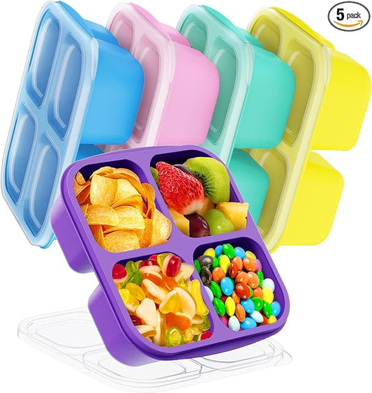 Canfanni 5 Pcs Bento Snack Containers, Reusable 4 Compartment Divided Food Storage Containers, Divided Lunchable Container for School, Work and Travel (Transparent Lids)