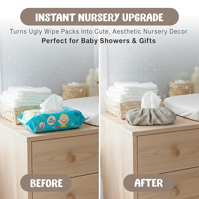 Baby Wipes Cover – Universal Size, One Size Fits All Wipes Packages | Muslin Cotton Tissue Cover for Nursery, Diaper Bag & Changing Table, Station | Gingham & Neutral Patterns (Beige Daisy)