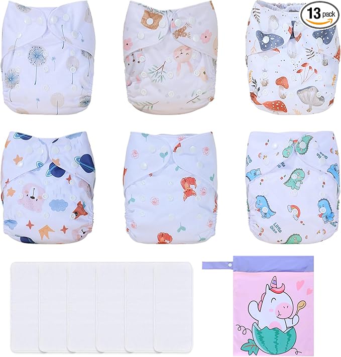 TDIAPERS Cloth Diapers Reusable Washable Pocket Diapers Cover One Size Adjustable for Baby Snaps Cloth Diapers Nappy 6 Pack with 6 Pcs Microfiber Inserts,1 Wet Bag