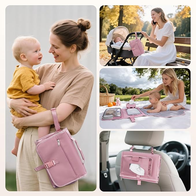 CEICEI Portable Diaper Changing Pad Waterproof Travel Baby Changing Mat with Large Wet/Dry Pocket & Elastic Wipes Pockets, Foldable Compact for On-The-Go Diaper Changer (Pink)
