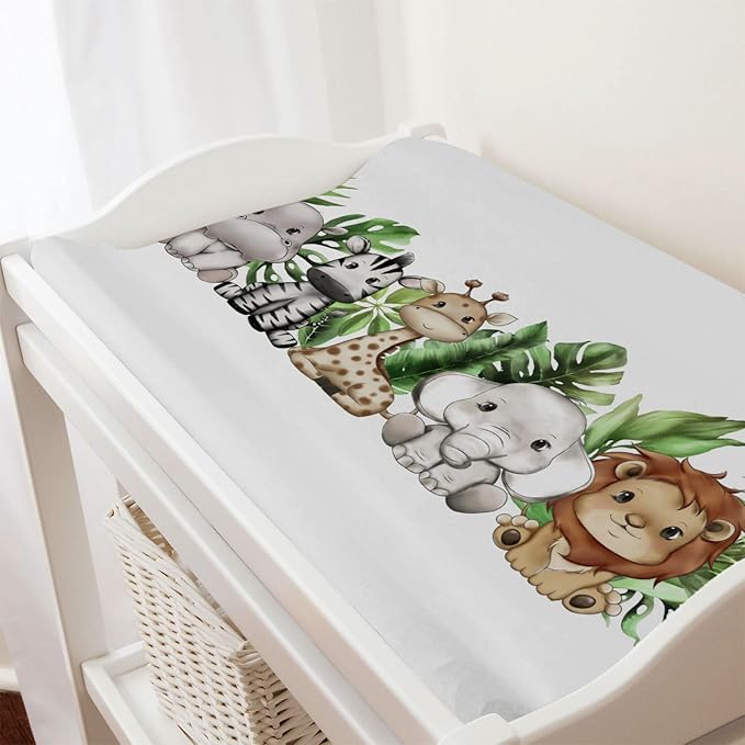 Cute Tropical Jungle Safari Animals Leaves Changing Pad Covers Lion Elephant Giraffe Zebra Hippo Baby Change Table Pad Cover for Boys Girls Soft Stretchy Changing Mat Sheets 32''x16''
