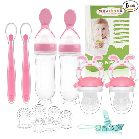 Baby Fruit Feeder Pacifier - 6 Pack | 2 Infant Food Feeder Pacifier & 2 Baby Food Dispensing Spoon | Fresh Fruit Teethers for Babies | Silicone Feeder Babies,Infant Teething Feeders -Pink