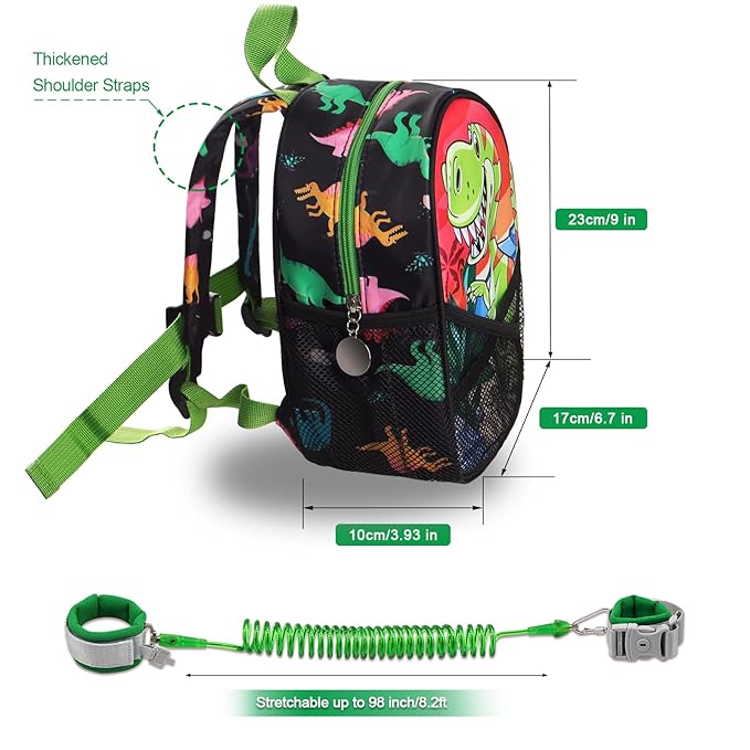 Backpack Leash for Toddlers, Dinosaur Kids Backpacks with Anti Lost Wrist Link, Children Mini Travel Bag for Baby Boys Girls