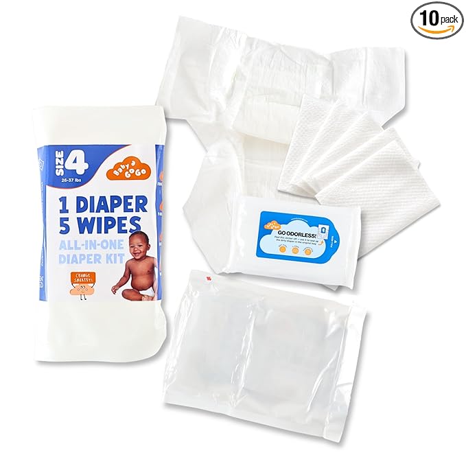 Pocket-Sized Travel Diaper Kit (Size 4, 22–37 lbs) – 10-Kit Value Pack | 1 Diaper, 5 Wipes & Odor-Lock Disposal Bag | Baby Travel Essentials for Airport & On-the-Go