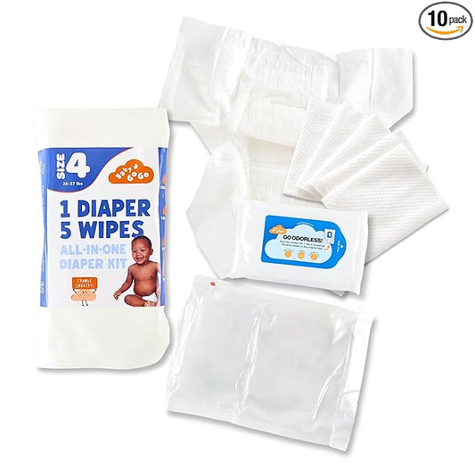 Pocket-Sized Travel Diaper Kit (Size 4, 22–37 lbs) – 10-Kit Value Pack | 1 Diaper, 5 Wipes & Odor-Lock Disposal Bag | Baby Travel Essentials for Airport & On-the-Go