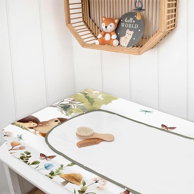 HawSkgFub Animal Friends Changing Pad Cover for Baby Girl Boy, Natural Forest Deer Bear Fox Owl Diaper Change Table Covers, Soft Stretchy Safe Snug Fitted Changing Mat Sheet Fit 32"/34" x 16"