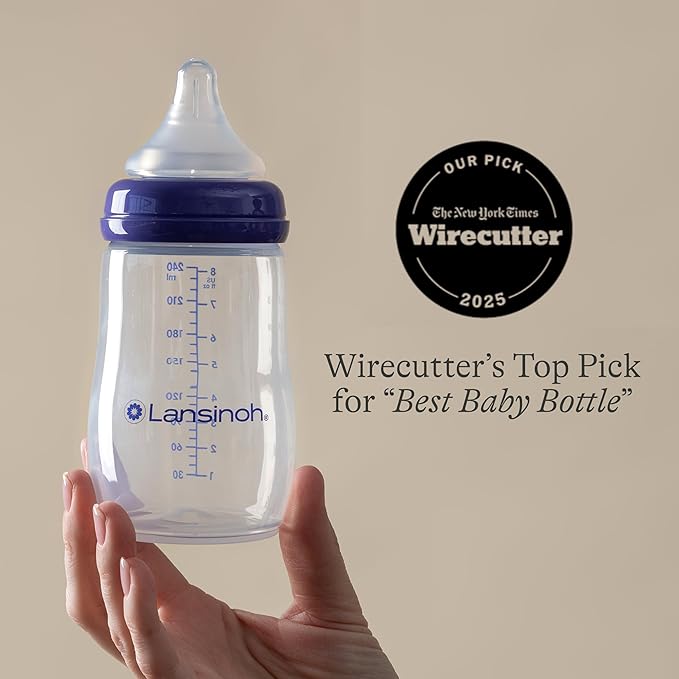 Lansinoh Anti-Colic Baby Bottles, BPA-Free Plastic, 8 Ounces, 4 Count, Medium Flow Nipples (Size M), Breastfeeding Bottle with NaturalWave Design