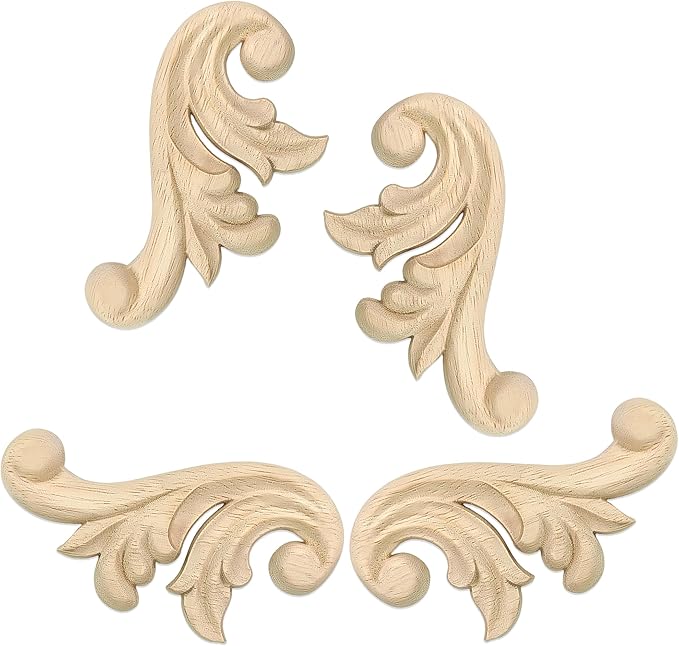 4Pcs Decorative Wood Flower Carved Appliques Corner Onlay 2.5×4.9inch DIY Unpainted Wooden Carved Corner Decal for Furniture Wardrobe Mirror Photo Frame Closet Decoration (2.5×4.9inch)