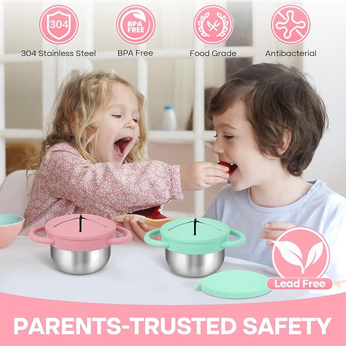 2-Pack Stainless Steel Snack Cup for Toddlers Spill-Proof, Baby Food Containers with Removable Silicone Lids & Handles | Dishwasher Safe, BPA-Free On-the-Go Kids Snack Containers Box