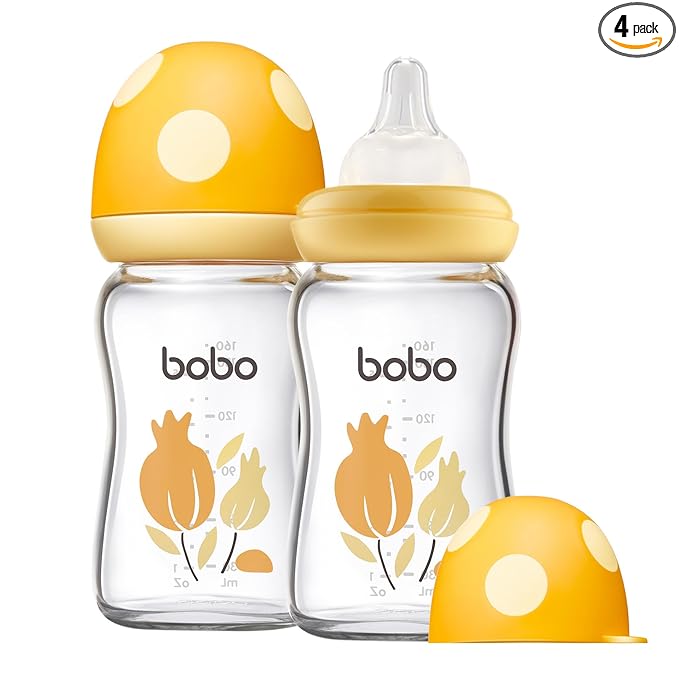 YOHKOH Natural Glass Baby Bottle with Level 1 Slow Flow Nipple, Newborn Anti-Colic Baby Bottles, Wide Neck Mushroom Baby Glass Bottle (Yellow, (5.4oz (Pack of 2))