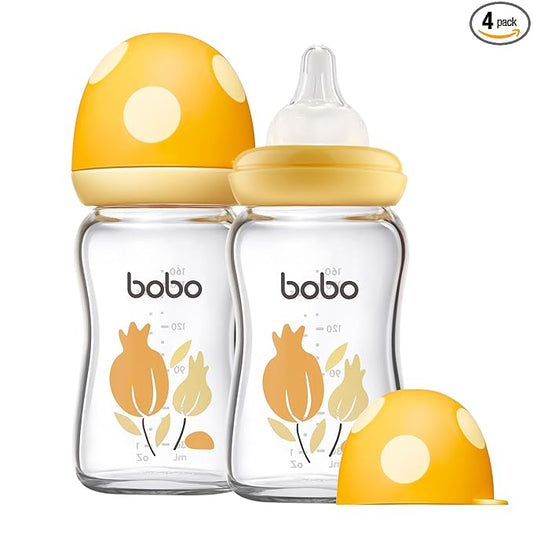 YOHKOH Natural Glass Baby Bottle with Level 1 Slow Flow Nipple, Newborn Anti-Colic Baby Bottles, Wide Neck Mushroom Baby Glass Bottle (Yellow, (5.4oz (Pack of 2))