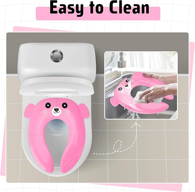Maliton Travel Potty Training Seat for Toddler, Portable Foldable Potty Seat Cover Fits Round & Oval Toilets, Non-Slip Toilet Seat with Free Travel Bag(Pink Bear)