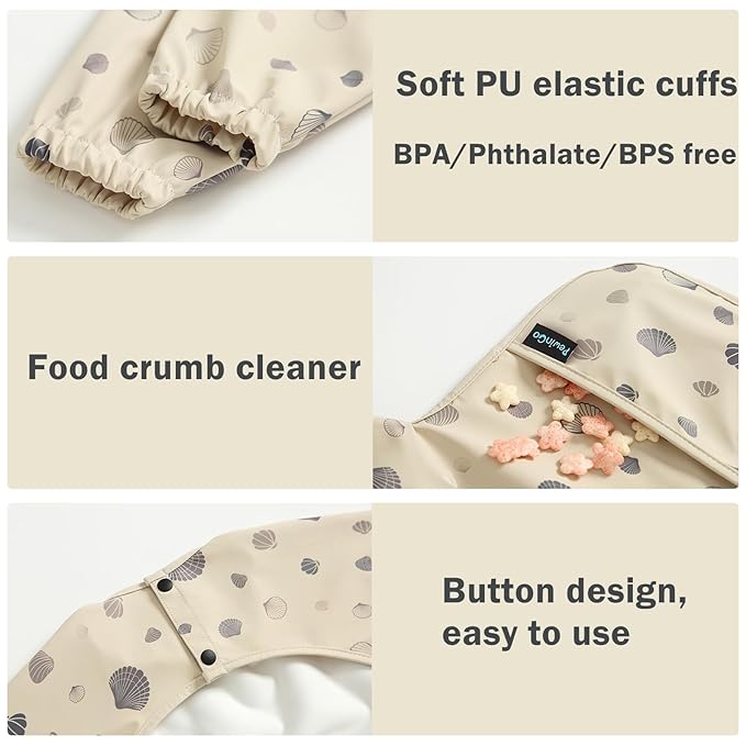 Baby Bib with Long Sleeves Bib & BLW, Machine Washable & Soft and Skin-Friendly Material, Coverall Bibs for Baby Feeding, Waterproof and Easy to Clean, for Baby Infant Toddlers (Beige)