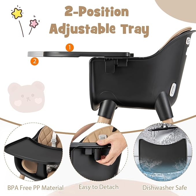 HONEY JOY 5-in-1 High Chair, Convertible Highchair for Babies and Toddlers/Kids Chair Table Set/Infant Feeding Chair w/Safety Harness, PU Leather Cushion & Removable Food Tray (Coffee)