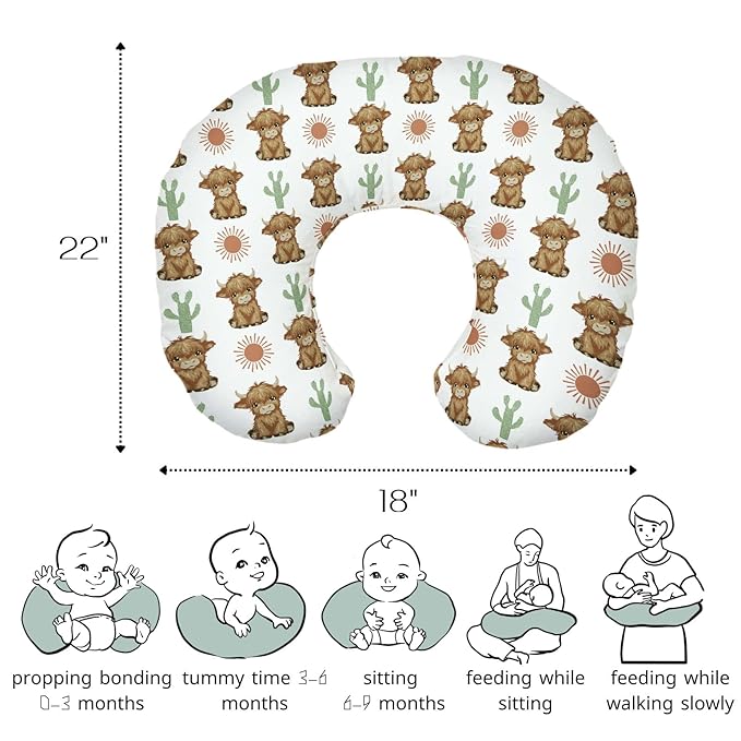 HawSkgFub Highland Cow Boho Cactus Sun Nursing Pillow Cover for Baby Boy Girl, Western Hyland Cattle Themed Breastfeeding Pillow Slipcover, Cow Lover Nursing Pillowcase for Newborn Infant, Cover Only