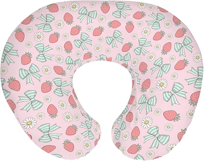 Pink Strawberry Green Bows Daisy Baby Nursing Pillow Covers for Boy Girl Strawberries Bows Nursing Slipcovers for Breastfeeding Pillows Cute Summer Fruit Soft Stretchy Cover for Newborn Infant