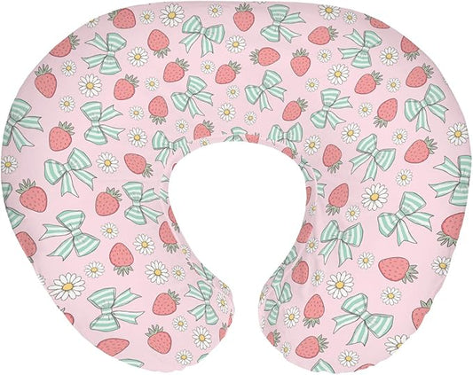 Pink Strawberry Green Bows Daisy Baby Nursing Pillow Covers for Boy Girl Strawberries Bows Nursing Slipcovers for Breastfeeding Pillows Cute Summer Fruit Soft Stretchy Cover for Newborn Infant