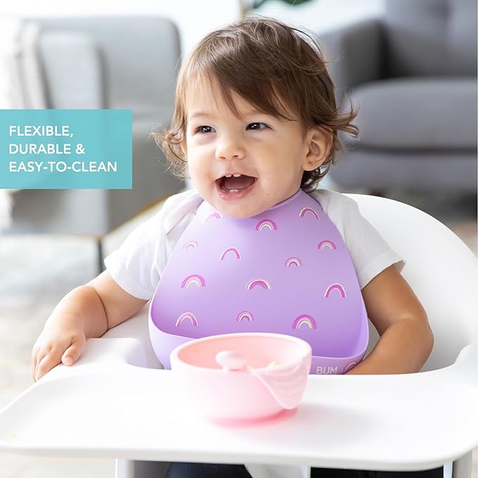 Bumkins Bibs, Silicone Pocket for Babies, Baby Bib for Girl or Boy, for 6-24 Months Up to Toddler, Essential Must Have for Eating, Feeding, Baby Led Weaning Supplies, Mess Saving, Rainbows Purple