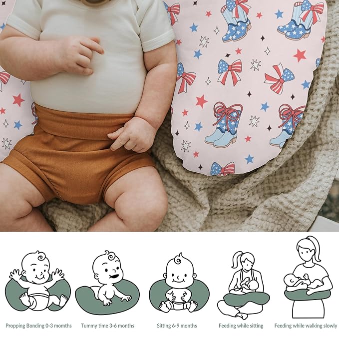 Pink July 4th Cowgirl Baby Nursing Pillow Covers for Girl Western Cowboy Boots American Flag Bows Stars Nursery Slipcovers for Breastfeeding Pillows Patriotic Soft Stretchy Cover for Newborn Infant