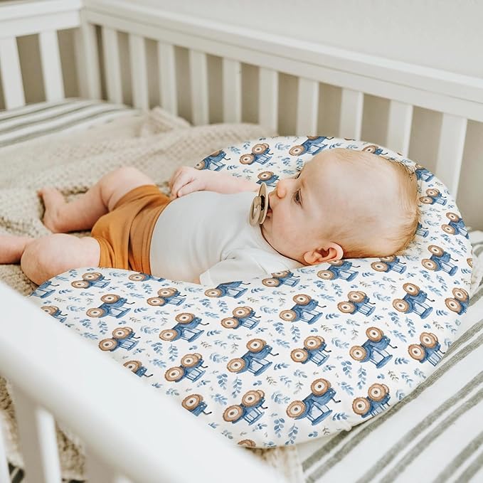 Watercolor Blue Tractors Baby Nursing Pillow Covers for Boy Girl Farm Tractors Boho Leaves Nursery Feeding Pillowcase for Breastfeeding Pillows Farm Life Soft Stretchy Slipcovers for Newborn Infant