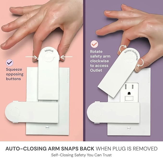 Self-Closing Outlet Cover Plate System by Geddy’s Mom – Automatic Child Safety that Covers Outlets When Unplugged, Shut Your Face, Easy Install, Award-Winning Baby Proofing for 1-Screw Duplex Outlets