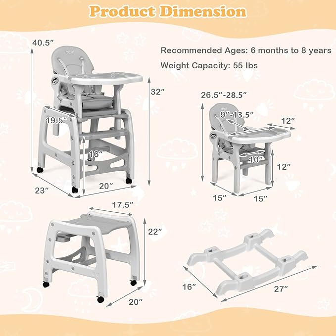 INFANS 5 in 1 Baby High Chair, Convertible Toddler Table Chair Set, Rocking Chair, Multi-Function Seat with Lockable Universal Wheels, Adjustable Seat Back, Removable Trays