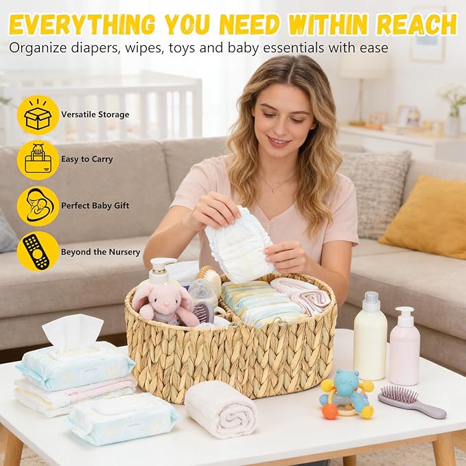 Large Baby Diaper Caddy Organizer, Portable Wicker Water Hyacinth Storage Basket with Handles and Divided Sections, Nursery Tray for Diapers Baby Essentials, Baby Shower Gifts