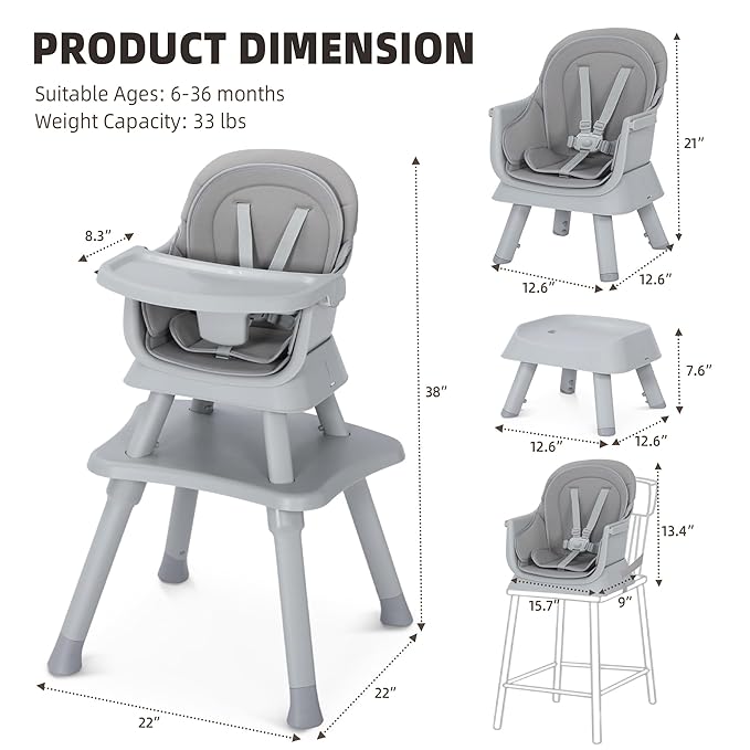 Baby High Chair, 8 in 1 Convertible Highchair, Booster Seat, Building Block/Activity Table, Stool, Feeding Chair with Dishwasher-Safe Tray, High Chairs for Babies and Toddlers (Gray)