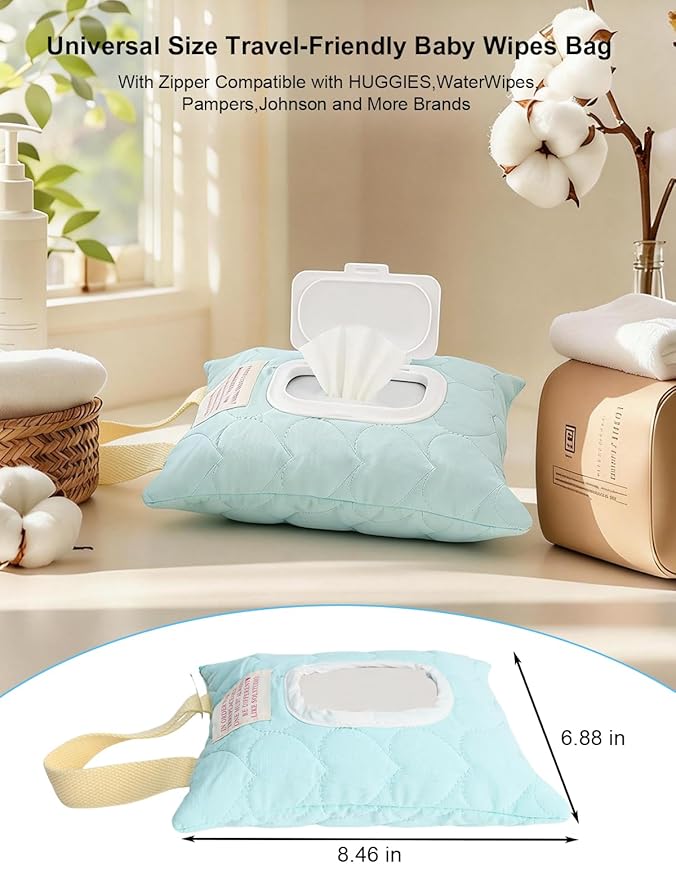 Reusable Baby Wipe Cover Fabric Quilted, Universal Size Travel-Friendly Baby Wipes Bag with Zipper Compatible with HUGGIES,WaterWipes,Pampers,Johnson and More Brands (Green)