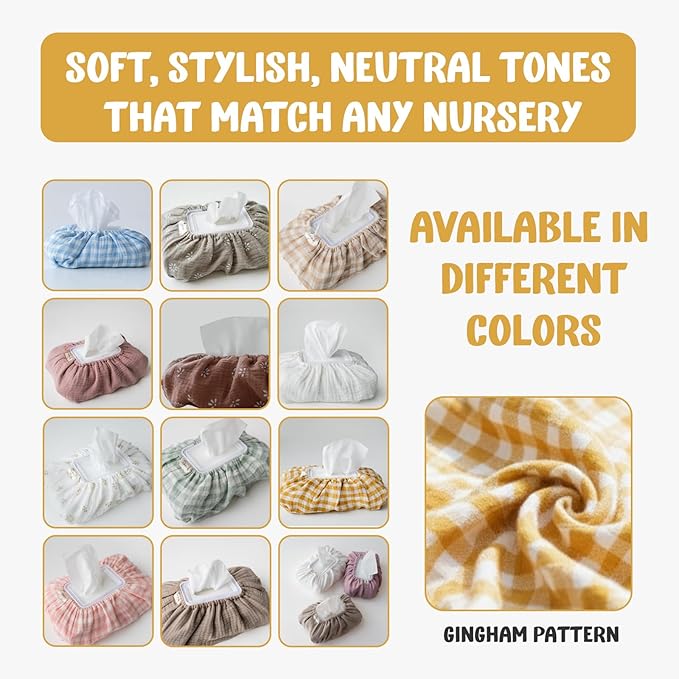 Baby Wipes Cover – Universal Size, One Size Fits All Wipes Packages | Muslin Cotton Tissue Cover for Nursery, Diaper Bag & Changing Table, Station | Gingham & Neutral Patterns (Mustard Yellow Gingham)