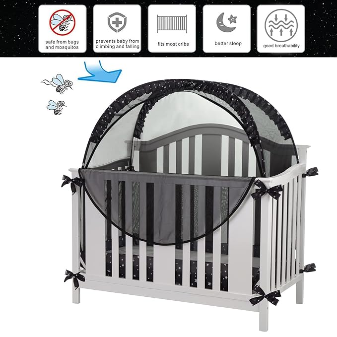 Safety Pop Up Crib Tent Cover to Keep Toddler from Climbing Out - Baby Bed Star Net Canopy with Mesh Organizer
