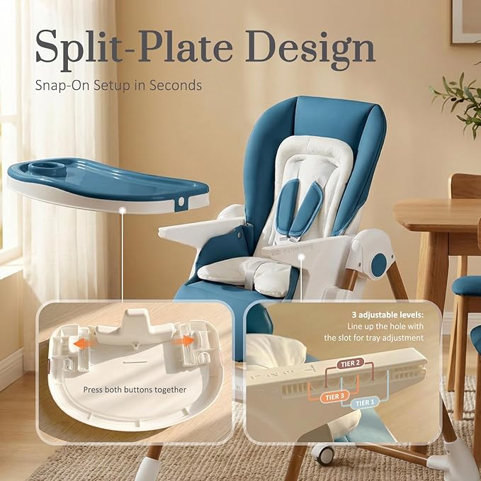 Foldable High Chairs for Babies and Toddlers, 3-in-1 Convertible Baby High Chair with Removable Soft Cushion and Tray, Adjustable Height & Recline, Lockable Wheels, Dark Blue