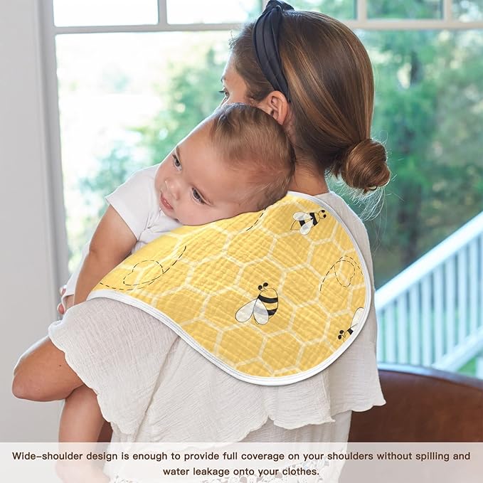 Cute Bee On Honey Yellow Honeycomb Muslin Burp Cloths for Baby 2 Pack 100% Cotton Baby Washcloths Bibs for Boy Girl