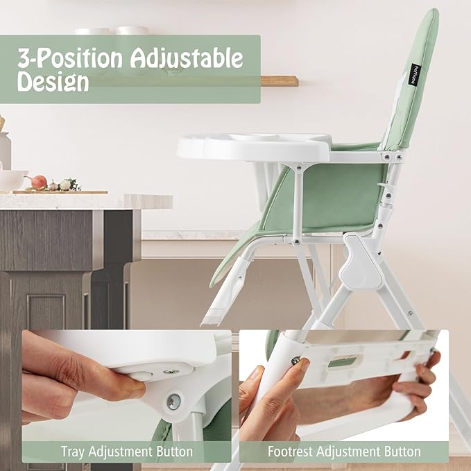 BABY JOY Foldable High Chair, Portable Highchairs for Babies and Toddlers with 3-Position Adjustable Tray & Footrest, Removable Seat Cushion, 5-Point Safety Harness, Space Saving Design (Green)
