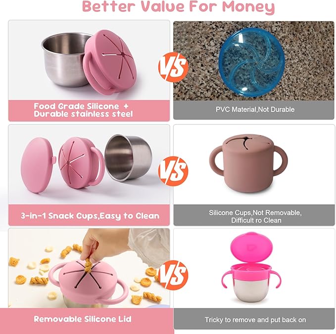 Bufilea Snack Containers for Toddlers, Stainless Steel Toddler Snack Cups with Silicone Food Catcher & Lids,Snack Cups for toddlers Spill Proof (RosePink Creamy, Pack of 2)