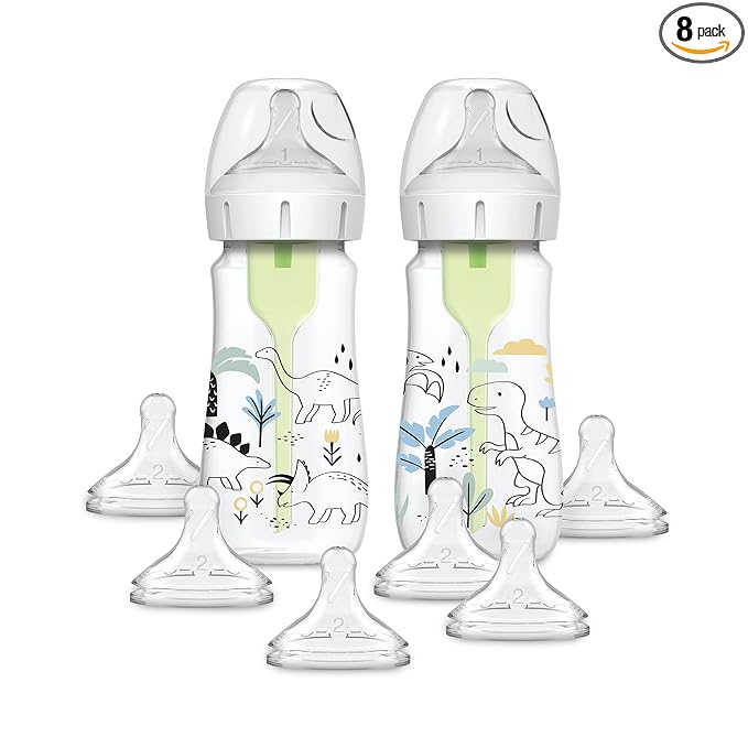 Dr. Brown's Anti-Colic Options + Wide-Neck Baby Bottle Designer Edition, Dino Decos, 9oz/270mL, Level 1 Nipple, 2-Pack, 0m+ with 6-Pack Level 2 Nipples
