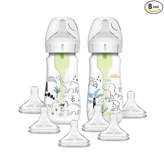 Dr. Brown's Anti-Colic Options + Wide-Neck Baby Bottle Designer Edition, Dino Decos, 9oz/270mL, Level 1 Nipple, 2-Pack, 0m+ with 6-Pack Level 2 Nipples