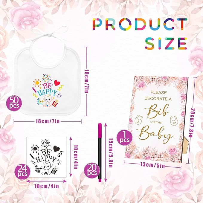 SytuHe 95 Pcs DIY Baby Bibs Decorating Kit50 White Bibs 24 Stencils 20 Fabric Markers 1 Baby Shower Game Sign