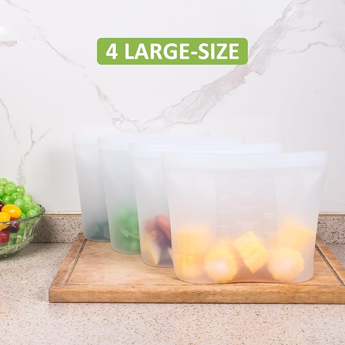 Bundle of 4 Pack 100% Silicone Reusable Food Storage Bags 33.8oz Translucent + 4 Pack 100% Silicone Reusable Food Storage Bags 50.7oz Translucent