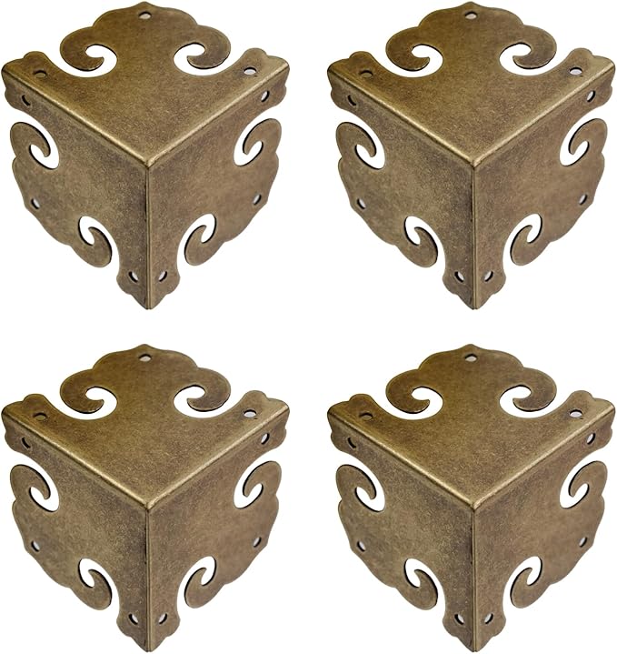 MY MIRONEY 4PCS Brass Furniture Corner Protector Decorative Box Corner Protector Hollow Cloud Pattern Antique Hardware Desk Edge Corner Guard with Nails, 1.38" x 1.38" x 1.38"