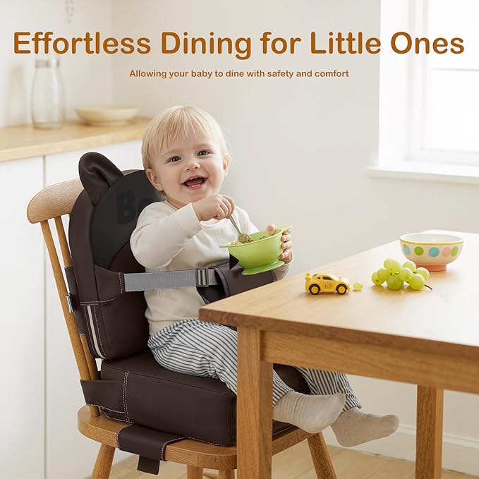 Booster Seat for Dining Table,Toddler Kids Boys Girls Portable PU Waterproof Travel Baby Boosters Increasing Cushion with Backrest and Adjustable Strap (Khaki, OneSize)