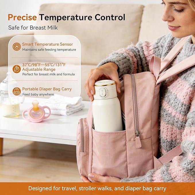 Portable Milk Warmer for Night Feeding, Heating for Breastmilk in 2-Min, Milk & Water Bottle Warmer with 18000mAh Battery, Large Capacity, Precise Temp 98°F -131°F with Pasteurization