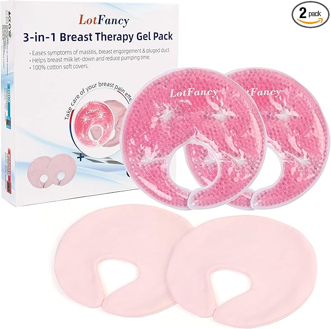 LotFancy Breast Ice Packs, 2 Hot Cold Breast Therapy Packs and 2 Covers, Breastfeeding Essentials, Gel Nursing Pad for Engorgement, Plugged Ducts, Mastitis, Warm Compress for Pumping