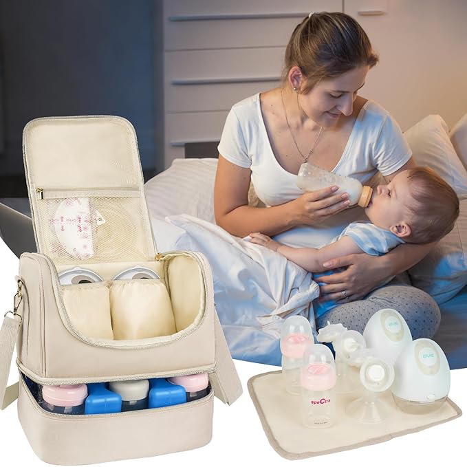 Wearable Pump Bag with Cooler Compartment Fits for Willow/Eufy/Elvie/Momcozy M5/S12 Pro/Medela, Breast Milk Travel Tote Bag with Ice Pack & Waterproof Mat,Apricot