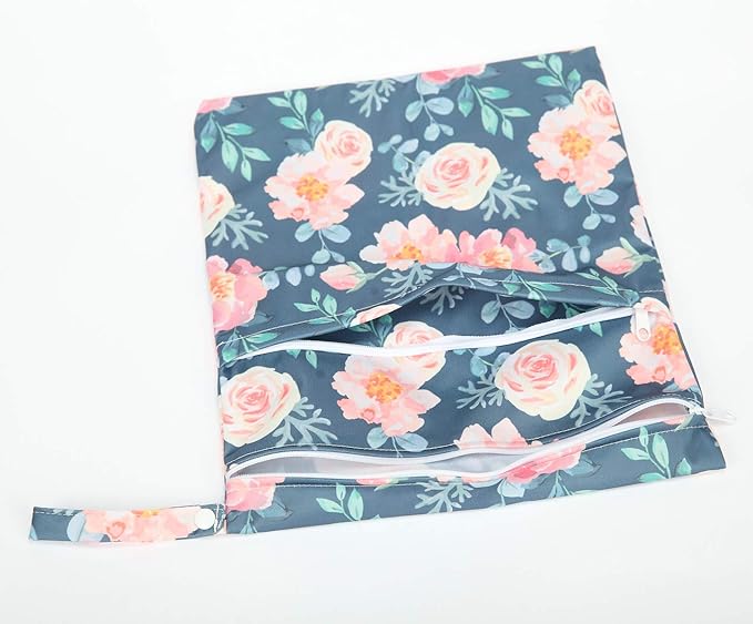 2 Wet Bags With Two Zippered Pockets Reusable For Diapers (Floral and Flamingo)