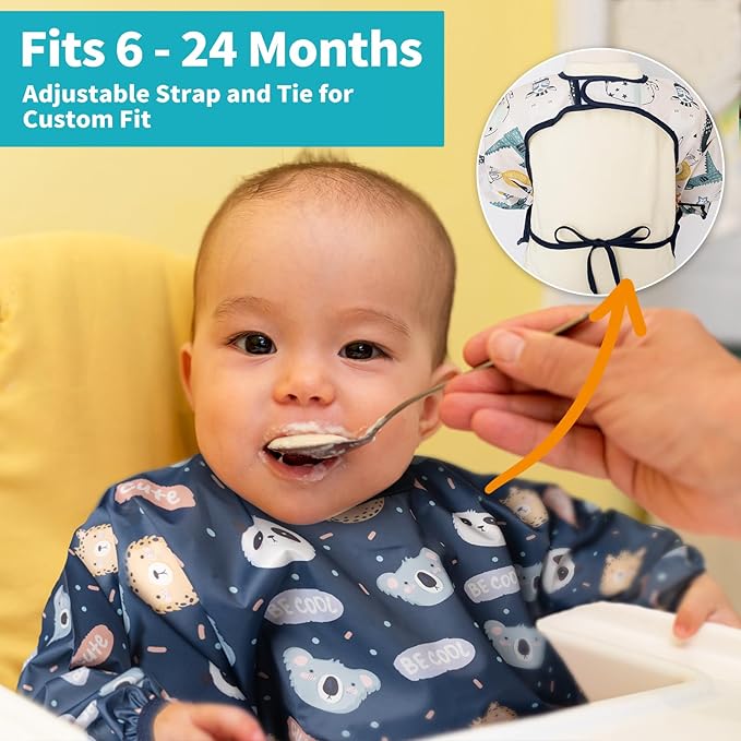 3 Pcs Long Sleeved Bib Set|Baby Waterproof Bibs with Pocket Bundle|Toddler Bib with Sleeves|Stain Resistance Smock 6-24 Month
